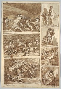 Schetsboekpagina: Studies naar Schilderijen in Ferrara, Rome, Bologna, Mantua naar Kunstenaars Tibaldi, Raphael, Andrea del Sarto en Polidoro; Verso: Vogelskelet en Paardenhoofd