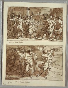 De trots van Romulus: Het bespotten van de oude kapitein van de Veii; Twee studies naar Carracci door Felice Giani