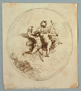 Twee vliegende putti met attributen van Dionysus