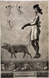 Pornokrates (Naakte vrouw, ogen bedekt, omringd door engelen en een varken aan een lijn houdend) - tekening door Felicien Rops (1833-1898)