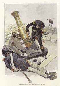 Een soldaat inspecteert een kanon naast het lichaam van een dode soldaat door Felicien baron de Myrbach Rheinfeld