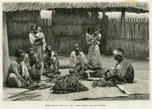 Inheemse mensen maken tabak. Gravure door Myrbach ter illustratie van het verhaal 
