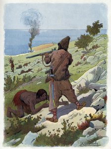Robinson Crusoe doodt de wilden die Vrijdag achtervolgen