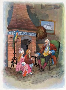 Robinson Crusoe vertelt zijn kinderen over zijn avonturen. Illustratie door Felician Myrbach voor het boek van Daniel Defoe Robinson Crusoe. Geen datum. Rond 1934