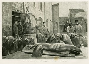 De aankomst van de dode dolfijnen bij het huis van Mr. Ostrom op Torrents Island. Gravure door Myrbach ter illustratie van het verhaal Een maand in de archipel van de Faeröer, door H.Labonne, in le tour du monde 1887, onder leiding van Edouard Charton (180 door Felicien baron de Myrbach Rheinfeld