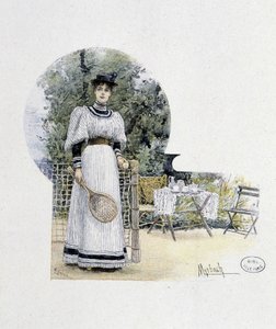 Jonge vrouw op een tennisbaan - gravure, eind 19e eeuw