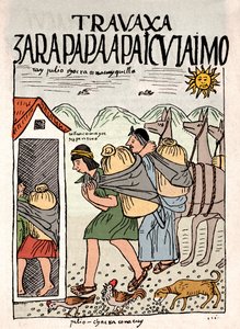 Inca-rijk: Inca-boeren werken in de velden in juli (inkttekening uit het manuscript 