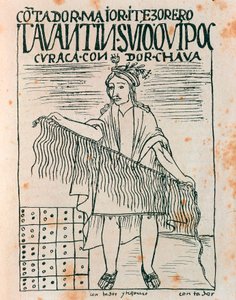 Inca-man die een quipu vasthoudt: een boekhoudsysteem met touwen en knopen (inkt tekening) door Felipe Huaman Poma de Ayala