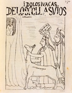 Inca offert lama aan afgoden (gravure) door Felipe Huaman Poma de Ayala