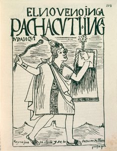 Portret van grote Inca-keizer Pachacutec door Felipe Huaman Poma de Ayala