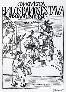 Sebastian de Benalcazar en Hernando Pizarro confronteren Atahualpa Inca bij de Koninklijke Baden in Cajamarca (houtsnede) door Felipe Huaman Poma de Ayala