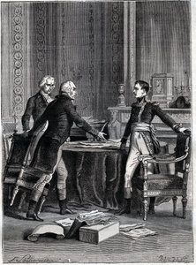 Eerste beraadslaging van de drie consuls in Peer-Luxembourg - Napoleon Bonaparte, Emmanuel Joseph Sieyes en Pierre Roger-Ducos 1799 - Gravure door Barbant, naar Philippoteaux - Eerste Consulaat, 24 Frimaire VIII (15 december 1799), eerste vergadering van h door Felix (after) Philippoteaux