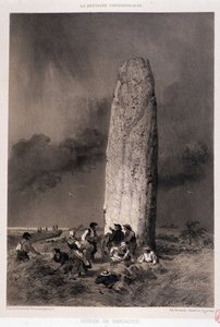 Boeren rond de menhir van Kergadiou (Finistère) - in "La Bretagne contemporaine", ill. door Félix Benoist, uitgever Charpentier, Parijs