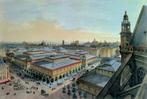 Uitzicht op Les Halles in Parijs vanaf de bovenste galerij van Saint Eustache, ca. 1870-80 door Felix Benoist