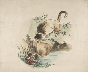 Decoratie voor een bord: een kat die een krab jaagt, 1850-1914 door Felix Bracquemond