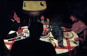 Diner, lampeffect. Voorstelling van de schilder omringd door zijn vrouw en mooie kinderen door Felix Edouard Vallotton