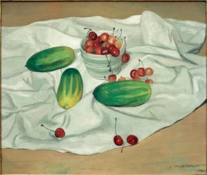 Drie komkommers en een witte vaas met kersen door Felix Edouard Vallotton