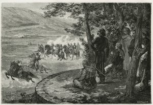 De race van de djerid, de ruiter begon met het vasthouden van een korte stok die zowel de speer als het geweer vertegenwoordigde; hij zwaaide het boven zijn hoofd voordat hij het weggooide, gravure door F.Regamey, ter illustratie van het verhaal Les Ansari door Felix Elie Regamey