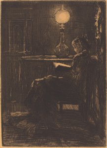 Vrouw die leest bij lamplicht, 1879 door Felix Hilaire Buhot