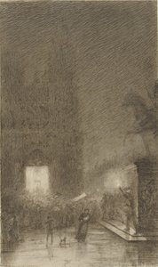 Samenscholing bij avond voor een kathedraal door Felix Hilaire Buhot