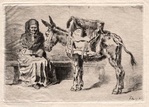 Zittende vrouw met muilezel