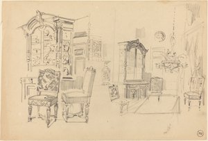 Twee studies van een interieur met meubels door Felix Hilaire Buhot