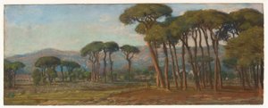 Uitgestrekt landschap met een dorp en heuvels in de verte door Felix Hippolyte Lanoue