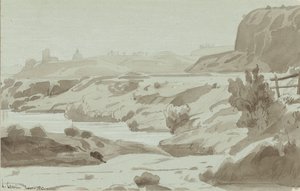 Gezicht in de romeinse Campagna met op de voorgrond een rivier door Felix Hippolyte Lanoue