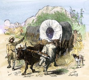 Geschiedenis van de kolonisten en de conquete van het Westen: Amerikaanse pioniers. Pioniers emigreerden begin 19e eeuw naar de Mississippi-vallei. Kleurengravure door Darley.
