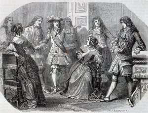 Arrestatie van Nicolas Fouquet, superintendent van financiën, gravure door Henri Felix Emmanuel Philippoteaux (1815-1884) uit Vicomte van Bragelonne, door Alexandre Dumas (1802-1870)