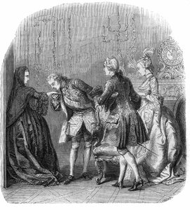 Lodewijk XV kust de hand van de Prinses van Lamballe, in aanwezigheid van de Markies de Richelieu en Melle Lange (toekomstige Gravin van Barry, geboren Jeanne Be door Felix Philippoteaux