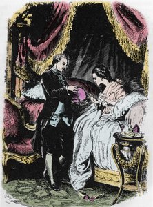De likeur van de koningin inspireert de kettingzaak. Tekening door Felix Philippoteaux (1815-1884) voor 