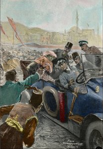 Moord op Franz Ferdinand (1863-1914) aartshertog van Oostenrijk, en zijn vrouw Sophie in Sarajevo (gravure) door Felix Schwormstadt