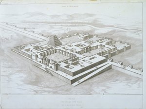 Khorsabad-paleis, historische weergave vanuit het zuidoosten met een deel van de versterkte muren, illustratie uit 