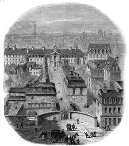 Uitzicht op de Gobelins tapijtfabriek in Parijs, met het kapucijnenklooster, het observatorium en het kasteel van de koningin Blanche. Gravure door Thorigny door Felix Thorigny