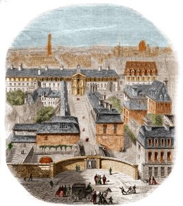Uitzicht op de Gobelins tapijtfabriek in Parijs, met het Kapucijnenklooster, het Observatorium en het kasteel van de Koningin Blanche. Gravure door Thorigny door Felix Thorigny