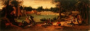 De zwijnenjacht: Een van een paar landschappen door Ferdinand Bol