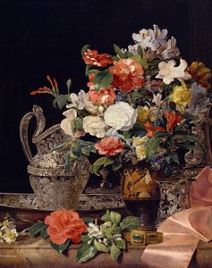 Boeket bloemen met zilveren vaten en een antieke vaas door Ferdinand Georg Waldmüller