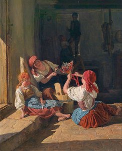 Kinderen versieren de hoed van een dienstplichtige door Ferdinand Georg Waldmuller