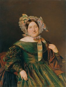 Vrouw in groen, zalmrood glanzende jurk door Ferdinand Georg Waldmuller