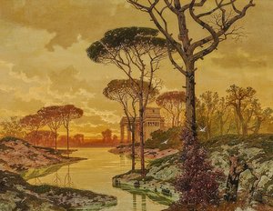 Avondlandschap met antieke villa