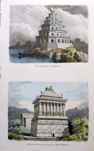 De Grote Vuurtoren van Alexandrië en het Mausoleum van Halicarnassus, uit een serie van de Zeven Wereldwonderen gepubliceerd in Munchener Bilderbogen, 1886