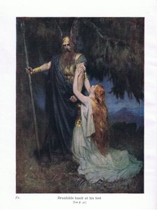 Brunhilde knielde aan zijn voeten, illustratie uit The Stories of Wagners Operas, uitgegeven door George Harrap & Co Ltd 1932