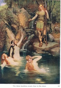 De drie meisjes zwommen dicht bij de kust, illustratie uit The Stories of Wagners Operas, uitgegeven door George Harrap & Co Ltd 1932 door Ferdinand Lecke