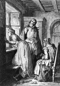 Klaerchen wacht op Egmont, illustratie voor Egmont, tragedie door Johann Wolfgang von Goethe (1749-1832), houtsnede naar tekening door Ferdinand Rothbart (1823-1899)