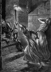 Heldhaftigheid: Julienne Du Guesclin, de zus van Bertrand Duguesclin, greep een zwijn om Engelse soldaten af te weren die probeerden het kasteel van Pontorson binnen te vallen. 14e eeuw. Gravure uit 1864 door Eugene Delacroix.