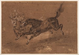 Paarden rennen (recto); Naakte bebaarde man, zittend (verso) door Ferdinand Victor Eugene (follower of) Delacroix
