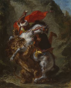 Arabische Ruiter Aangevallen door een Leeuw, 1849-50 door Ferdinand Victor Eugene Delacroix