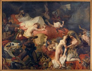 Dood van Sardanapale. Sardanapale, Assyrische koning belegerd door opstanden, liet zijn vrouwen en paarden afslachten voordat hij zichzelf doodde. Schilderij door Eugene Delacroix (1798-1863)