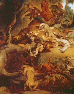 Detail van De wilde zwijnenjacht, naar een schilderij van Rubens, c.1840-50 (detail) door Ferdinand Victor Eugene Delacroix